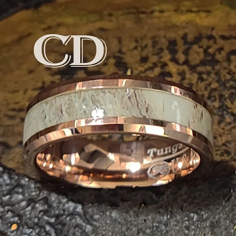 Men's Real Rose Gold Tungsten Wedding Ring With Deer Antler Inlay
